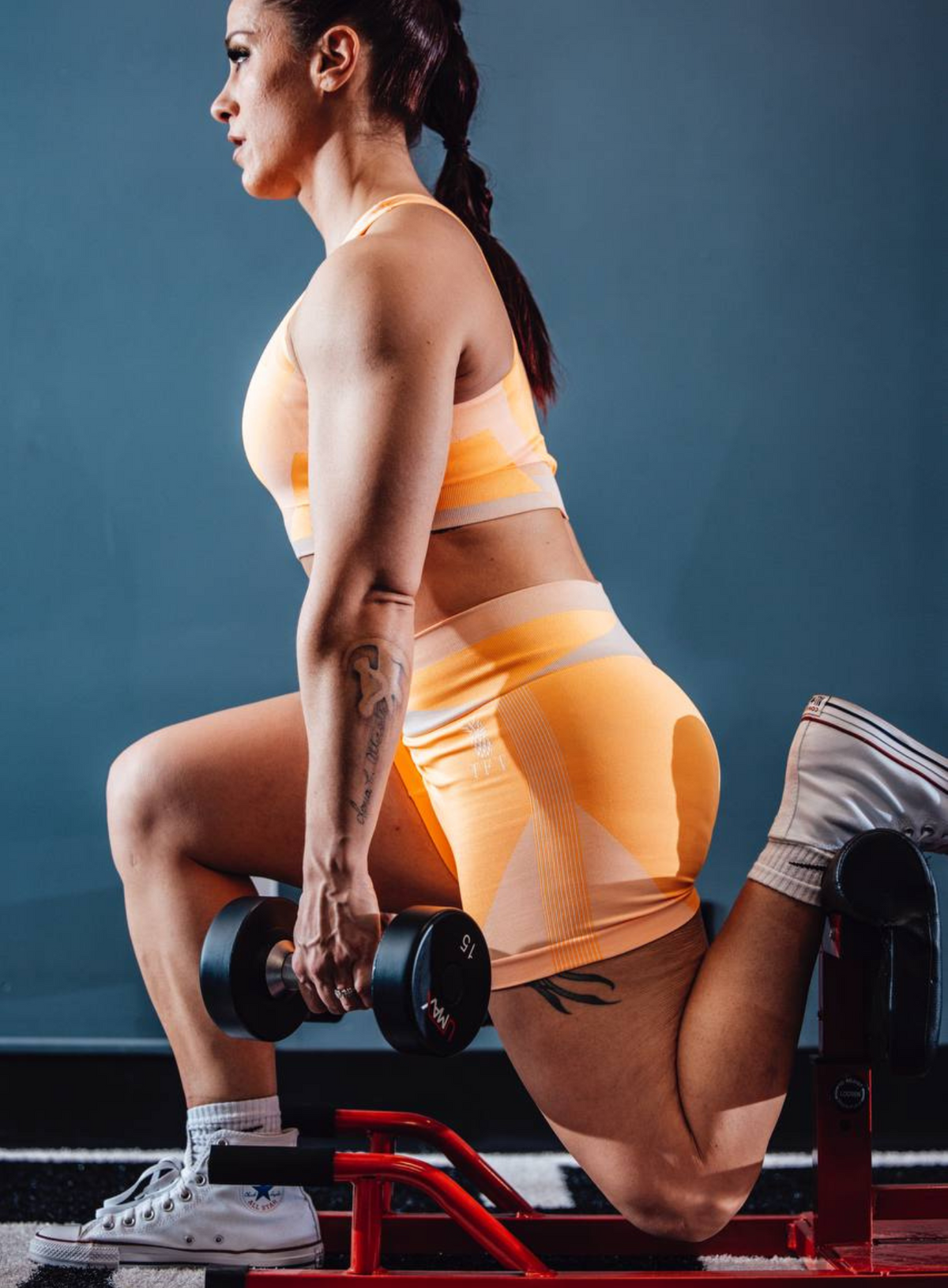 sandstone orange shorts at gym