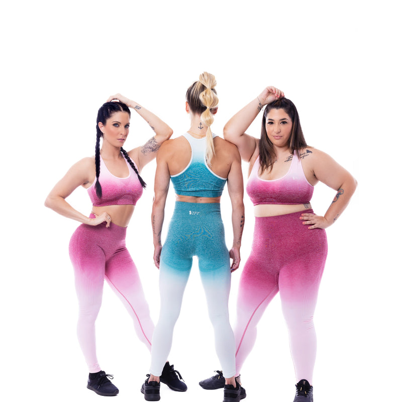 Group photo of pink and blue ombre sports bras and leggings